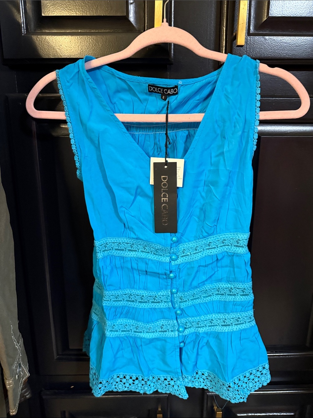 Dolce Cabo Bright Turquoise Lace-Trim Button-Front Sleeveless Blouse size small